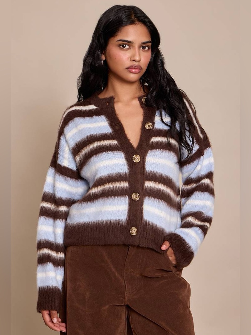 NWT PrettyLittleThing Petite Chocolate Stripe Brushed Knit Cardigan PM - NWT